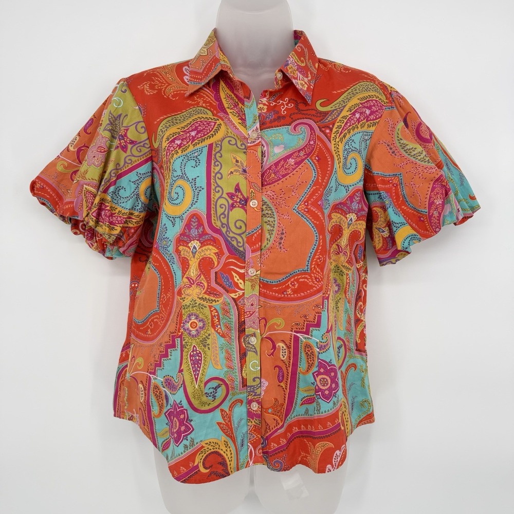 Lauren Ralph Lauren Sz M‎ Floral Paisley Blouse Boho Puff Sleeve Collared Top